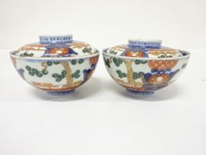 古伊万里　染錦　蓋物碗　2客